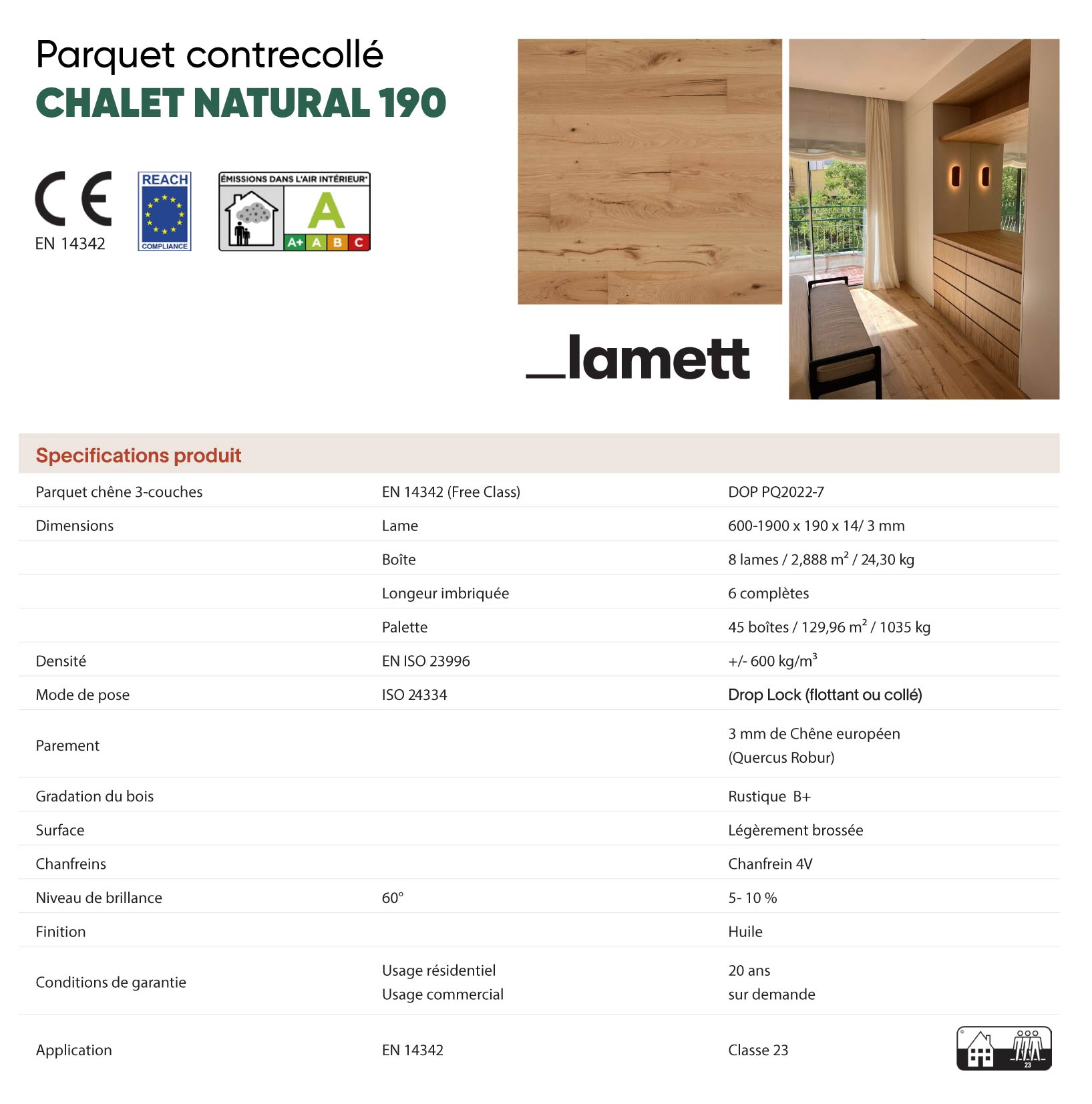 Caractéristique technique parquet contrecollé chalet natural 190