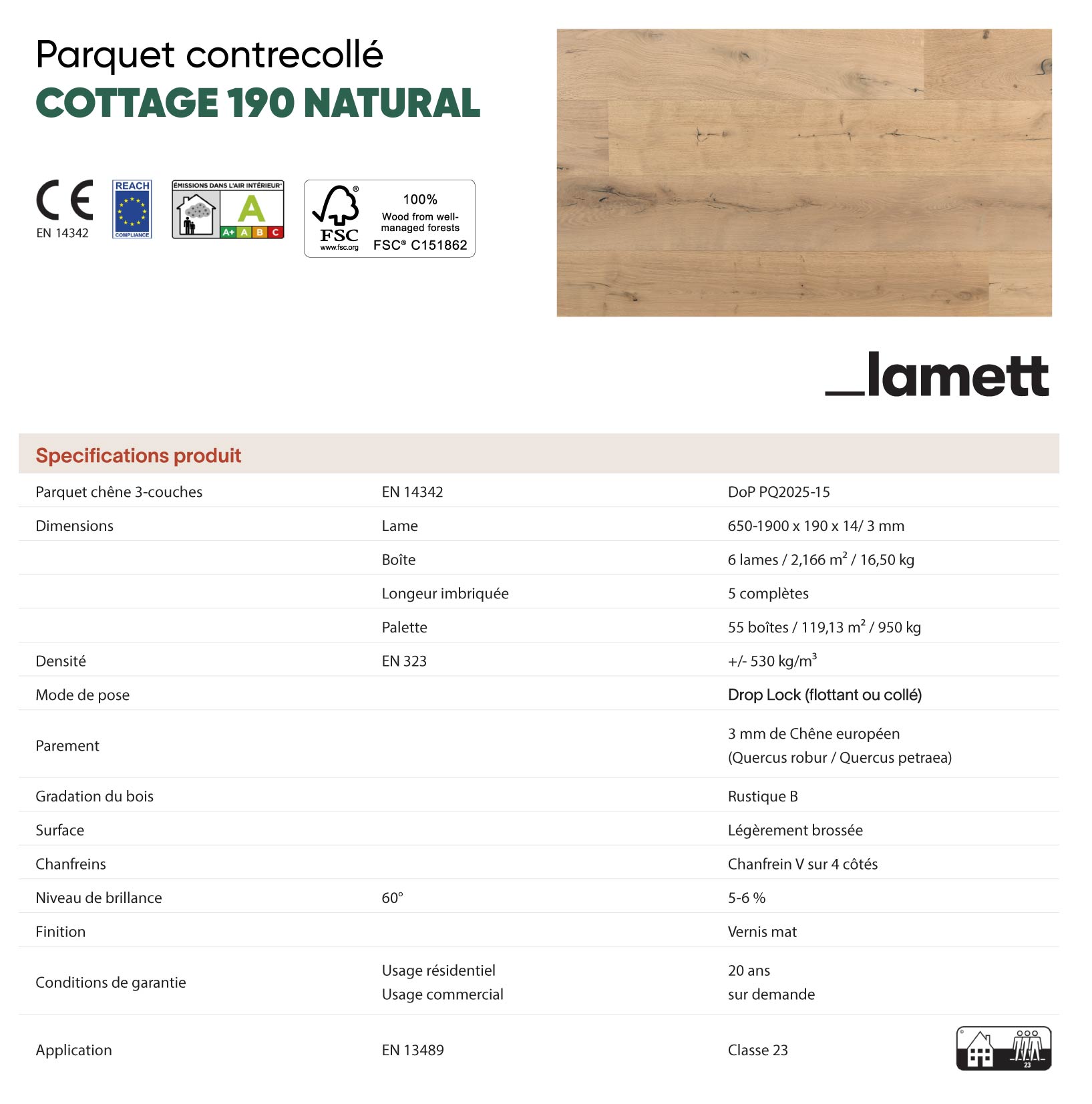 Caractéristique technique parquet contrecollé cottage natural 190