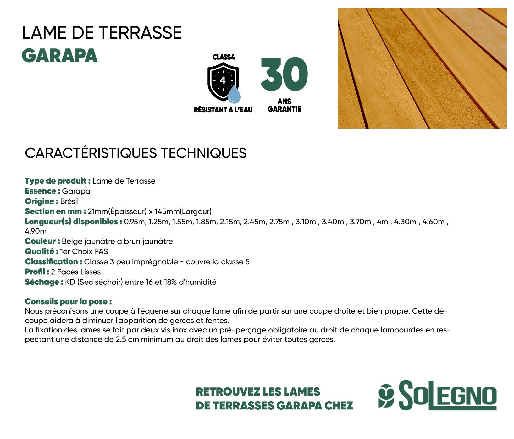 Caractéristiques lames terrasses Garapa, lame de terrasse bois exotique Garapa