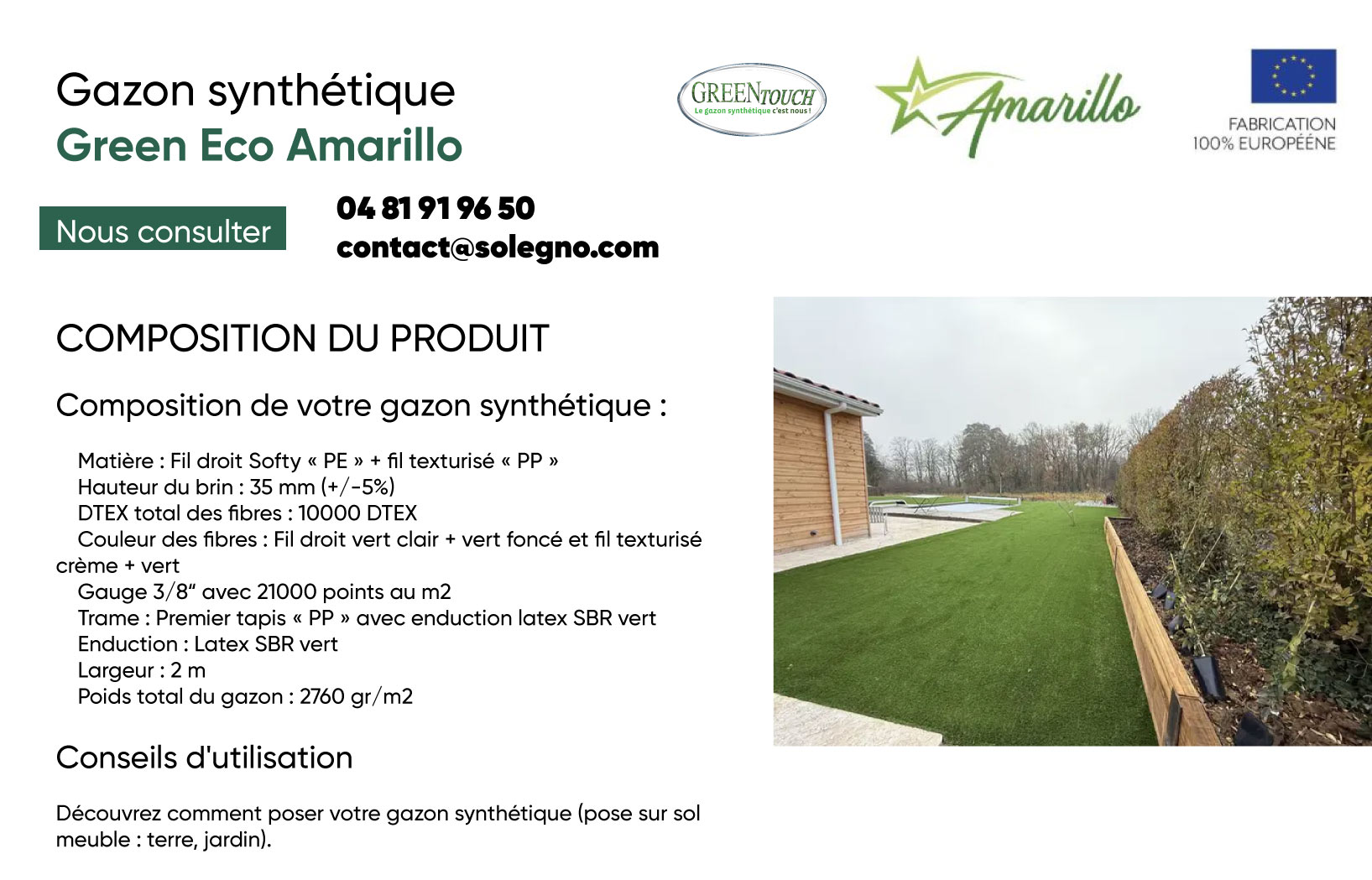 Caractéristique technique du gazon synthétique Green Touch
