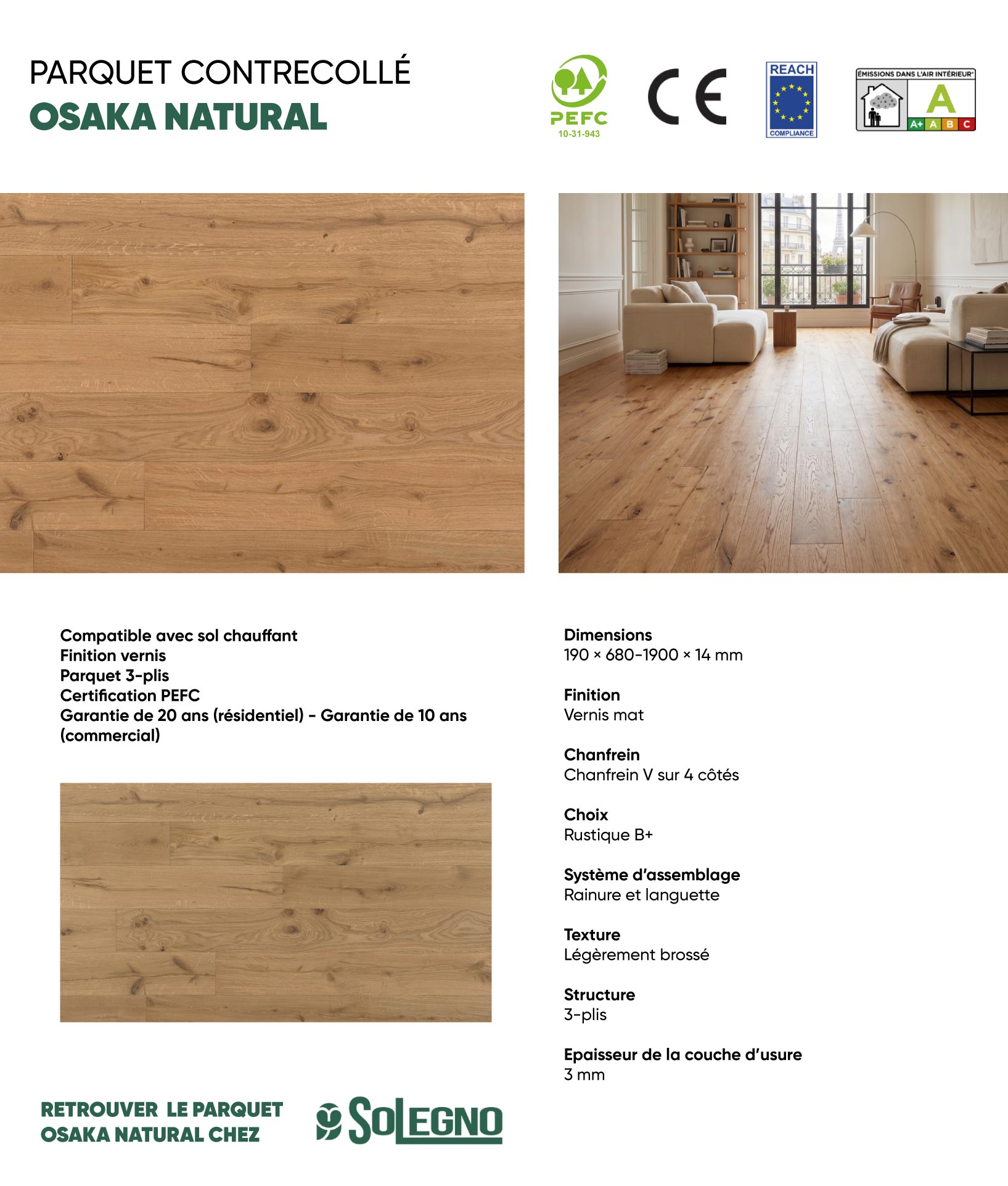 Caractéristique technique du parquet contrecollé Osaka natural en promotion
